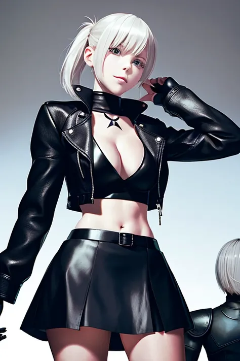 Anime - style image of a woman in a short skirt and a leather jacket, perfect white-haired girl, 2 b, 2b, realistic anime girl rendering, badass anime 8 K, Tifa Lockhart with white hair, 2b nier automata, nier 2 b, Guvez on art station Pixiv, white-haired ...