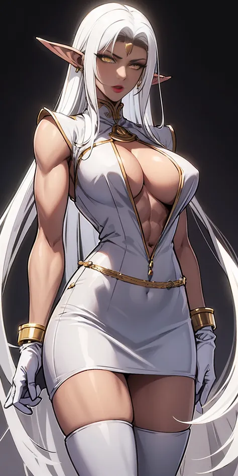 Pirotess,, (yellow eyes), white hair, silver hair, very long hair, straight hair, solo, adult woman, tall, slightly muscular, large breasted, cleavage, constricted waist, Toned body, slight abs, thin dark skin, pointy ears, lipstick, makeup, black eyeshado...