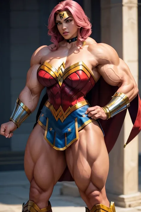 ((((Massive, tall, beautiful, buff, brown skinned muscular woman with shocking pink hair, ginormous bulky muscles and wearing an all shocking pink Wonder Woman suit with pleated skirt and a cape)))), close view, ((massive muscle)), massive biceps, hyper mu...