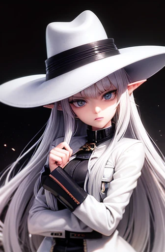 Upper body　A western-style female gunfighter with silver hair and blue eyes　long hair　Black inner and white jacket　serious expression　elf ears　ten gallon hat