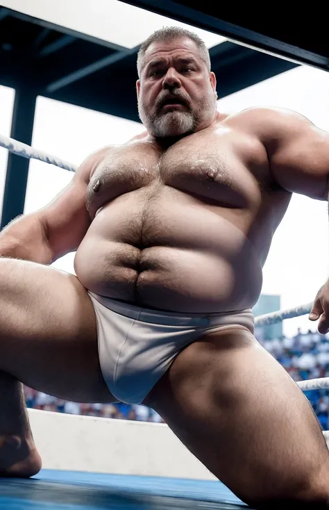 masutepiece,High quality,Highly detailed,intense scene, solid, Gritty reality setting for 50 year old sexy fat bearded man,full of sweat,Full body,Big belly,((Wearing a white shirt and white trunks)),Stunned face,Open the legs,In the darkness, view from be...