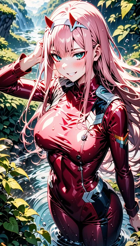 1girl, zero two, darling in the franxx, bangs, biting, blush, covered navel, eyeshadow, green eyes, hair behind head, horns, smi...