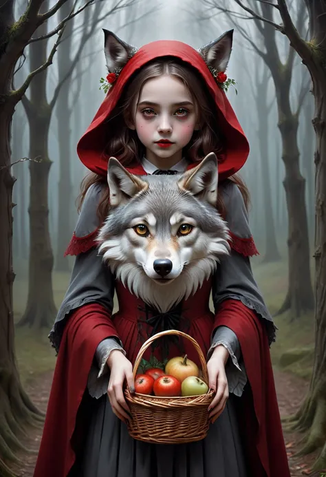 A dark baroque painting of a girl wearing a crimson cloak hugging a wolf, evil Little Red Riding Hood. Highlighting the characteristics of Little Red Riding Hood: Long brown hair, which can be straight or curled, bright eyes and a smiling expression. A sma...