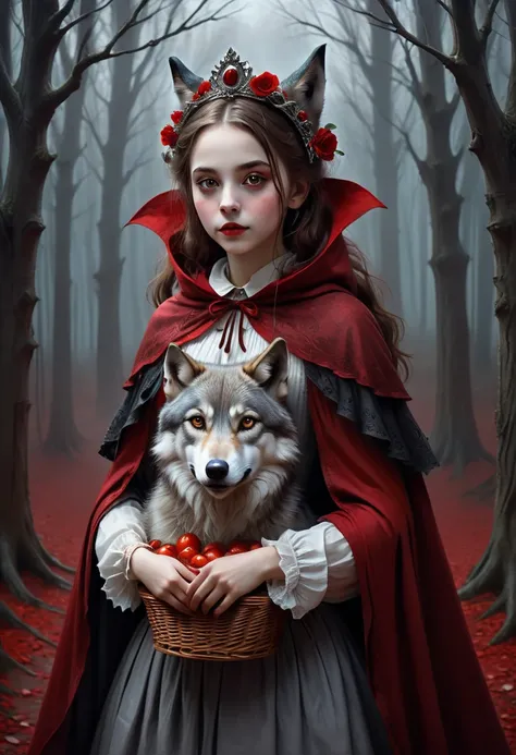 A dark baroque painting of a girl wearing a crimson cloak hugging a wolf, evil Little Red Riding Hood. Highlighting the characteristics of Little Red Riding Hood: Long brown hair, which can be straight or curled, bright eyes and a smiling expression. A sma...