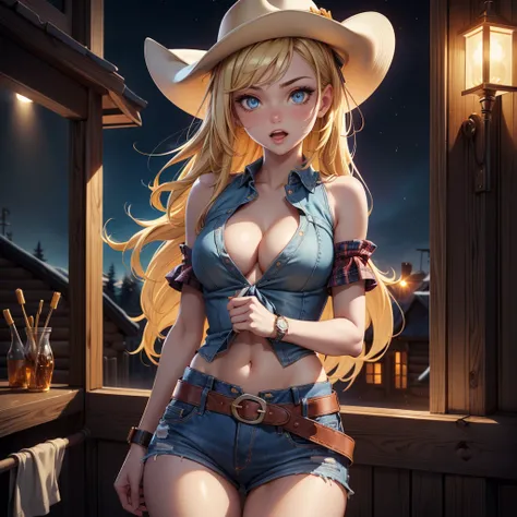 (((cowgirl costume))),(((thin body))),(((smaller breasts))),(((Low waist denim shorts))),(((Wear a western hat))),(((Wearing a leather belt))),(((He is wearing a short-sleeved, plaid, tied-front shirt.))),(((Wearing a watch))),(((show cleavage))),(((Bare T...