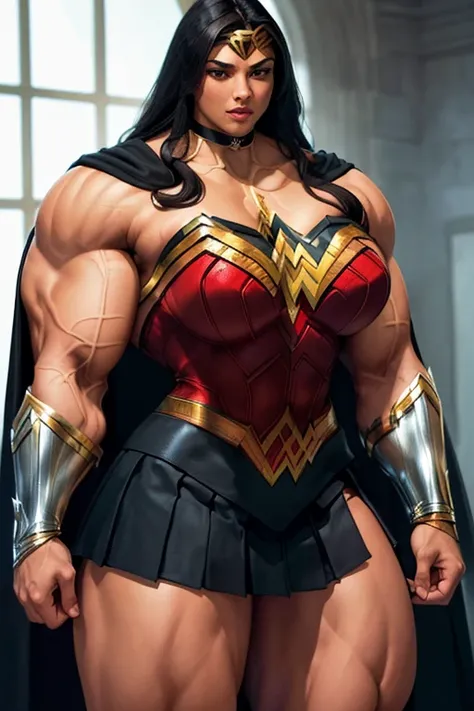 ((((Massive, tall, beautiful, buff, brown skinned muscular woman with black hair, ginormous bulky muscles and wearing an all black Wonder Woman suit with pleated skirt and a cape)))), close view, ((massive muscle)), massive biceps, hyper muscle shoulders, ...