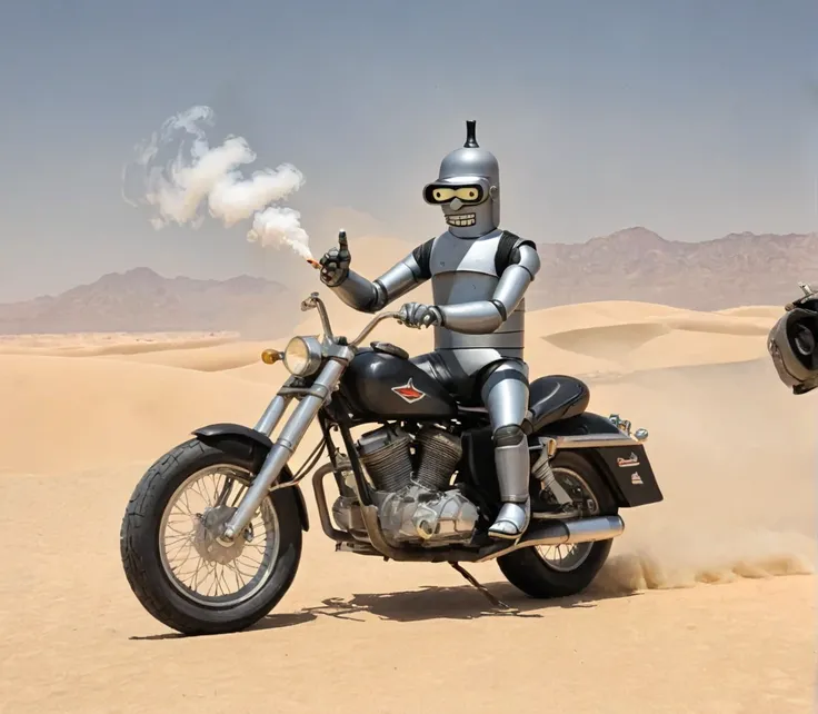 Bender Smoking Cigarette riding Motorcycle on Desert 