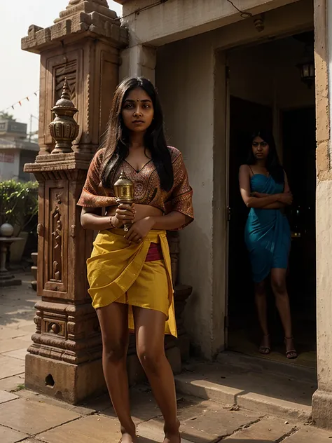 A young indian woman wearing a saree, holding an oil lamp, standing outside a hindu temple