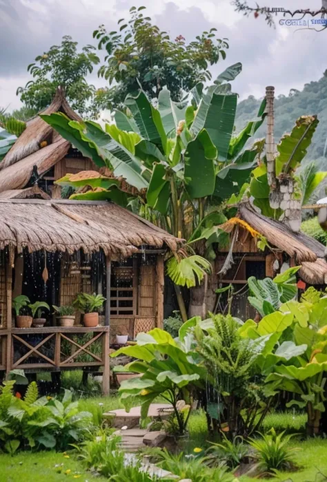 trees in the foreground of a small house in the middle of a field, a bamboo hut, a thatched house, a house in the vietnamese cou...