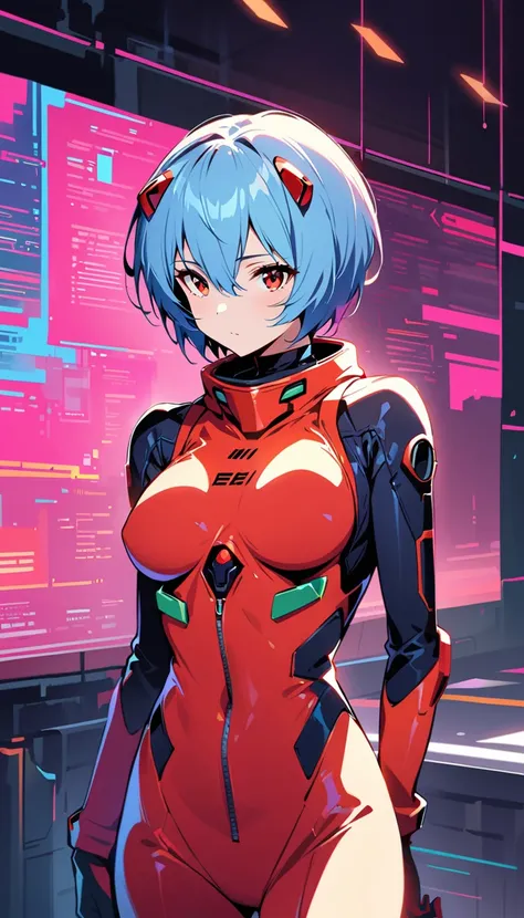 (best quality:1.2),1girl,solo,Ayanami Rei,red eyes,pilot suit,short hair,blue hair,bangs,interface headset,turtleneck,hair between eyes,pixelated background,neon lights,sci-fi color scheme,vivid colors,metallic texture,detailed shading,holographic interfac...