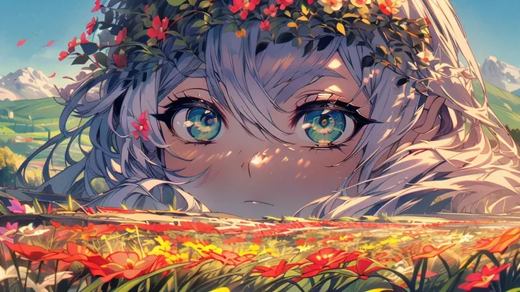 ((highest quality, super detailed,:1.3)),(White hair,elfs ear,green eyes,shining eyes:1.2),Flower Meadow,castle, (landscape photography:1.2), (highly detailed background:1.2)