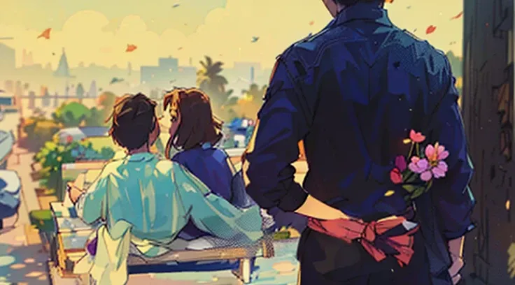 A man and a woman sit on a bench looking at the scenery, With your back turned, over his shoulder, A man standing hiding a flower behind his back. very realistic, turning away, ((supersaturated)), Back-shot, She has long brown hair,Her back is with us, ver...