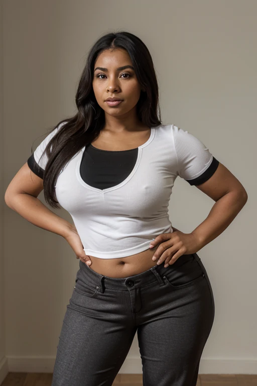 mujer colombiana pelo negro cara redonda, gorda con curva vestida de pantalon y blusa 