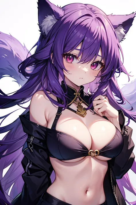 fox girl, big breasts, purple hair, masterpiece , red eyes, hd, Head to Chest, buried in my chest、underboob