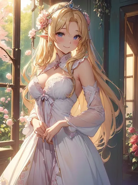 最high quality、best image quality、masterpiece、beautiful face、、titania、Super beautiful elf beauty((22 year old office lady big bust、bust 90,beautiful long ironed hair、blonde、height: 165cm。thin、sexy、cowboy shot,、Esbian、beautiful tiara、morning、sunrise、high qua...