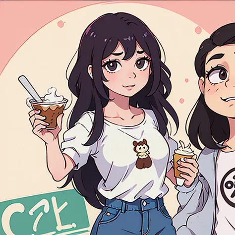 Chica al estilo osomatsu-san. coffee wavy hair. Ojos color miel. Piel clara, no palida. Feliz. Ropa estilo oficina. Comiendo helado en un parque.