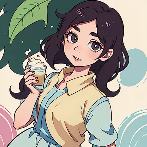 Chica al estilo osomatsu-san. coffee wavy hair. Ojos color miel. Piel clara, no palida. Feliz. Ropa estilo oficina. Comiendo helado en un parque.