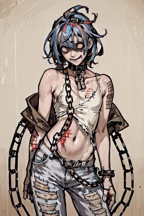 highest quality, High resolution,(Background made up of lots of chains and skeletons、),Cute zombie girl、Splattering blood、amusement park、small eyes、（flat chest）, Odd colored hair, realistic, masterpiece, super detailed, realistic, beautiful、A lot of chains...