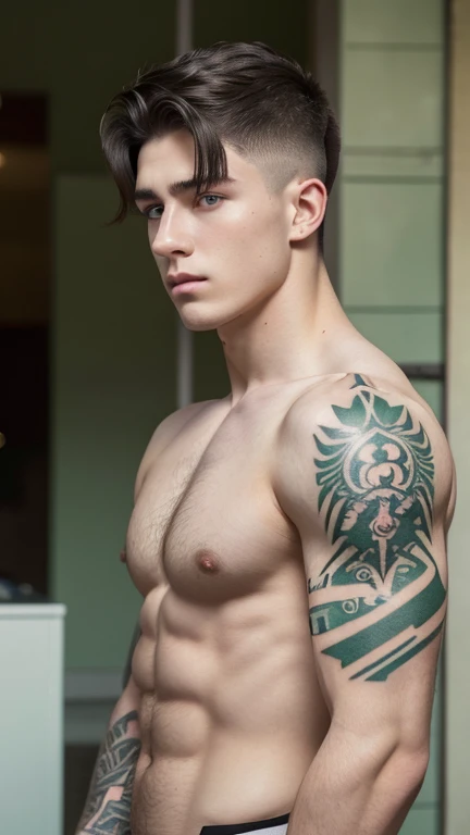 Young white man, 17 years old, black hair, military haircut, fixed green eyes, sharp features, no facial or body hair, height 1.90, weight 93 kg, aesthetic build, tattoos in the forearms, broad shoulders, wide back,V-shaped body, perfil entire body view, 