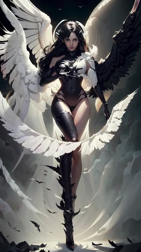 devil god, (silhouette:1.5), (realistic picture, highest resolution, 16k), ((she has 12 wings on her back:1.5), (6 white wings:1...