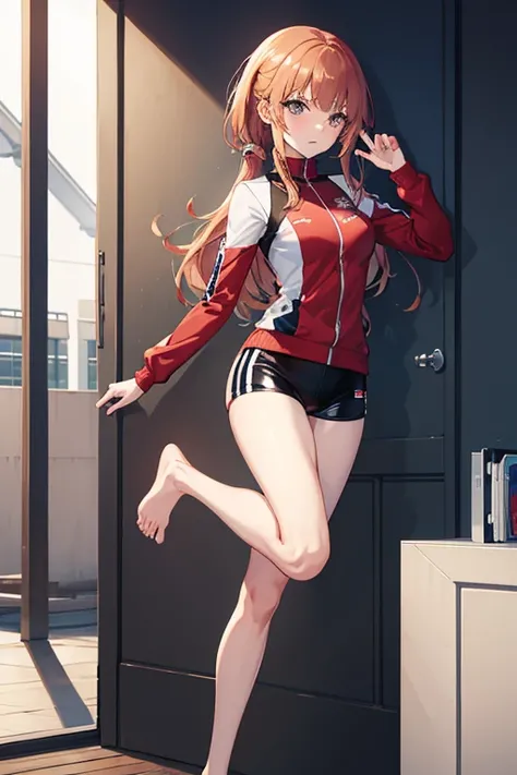 master piece ，full body figure、standing exactly, Toes on the feet、Misaka Mikoto、beautiful woman、sexy pose、track and field club、Match Uniform、latex shorts , put your hand on your waist