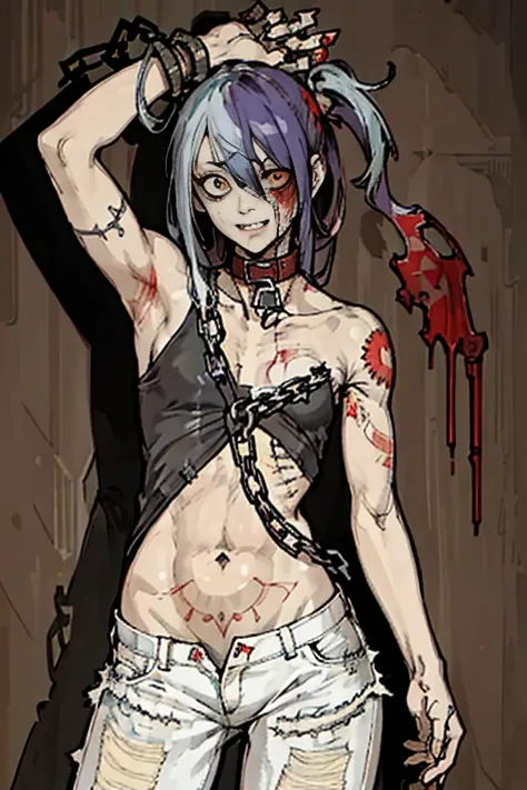 highest quality, High resolution,(A frame made up of chains and skulls),zombie girl、A bloody chainsaw、Splattering blood、amusement park、small eyes、small breasts, Mr.々colored hair, realistic, masterpiece, super detailed, 8K, epic 、cute underwear、tattoo、Cute ...