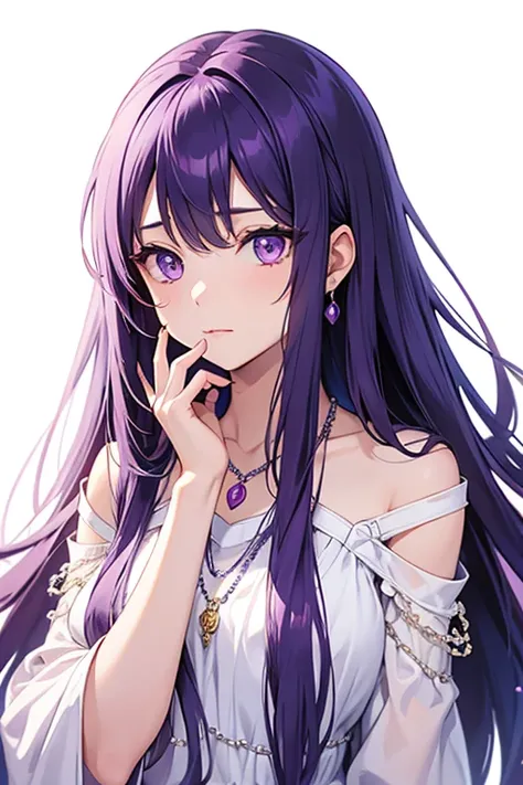 alone, 1 girl，jewelry, light purple long hair,necklace, put your hands on your face，white background, heart, keep your mouth shu...