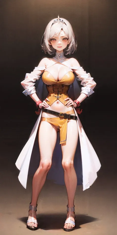 ((BLACK BACKGROUND,1:2, masterpiece)), full body MILF BIMBO standing with two long thighs and two metal sandals, red eyes, silver white hair, short bob style hair, big breasts, cleavage, separate sleeves, tiara royal, long cape up to two feet, yellow bikin...