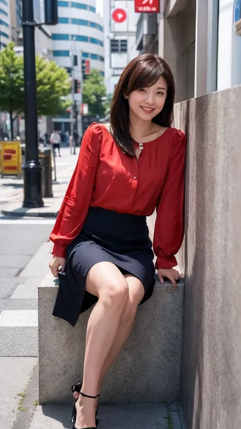 highest quality、masterpiece、ultra high resolution、(realistic:1.4)、Downtown Tokyo、woman、片足を椅子に乗せているwoman、(((Leaning down))),grin and laugh、beautiful woman、blouse、skirt、handbag、high heels