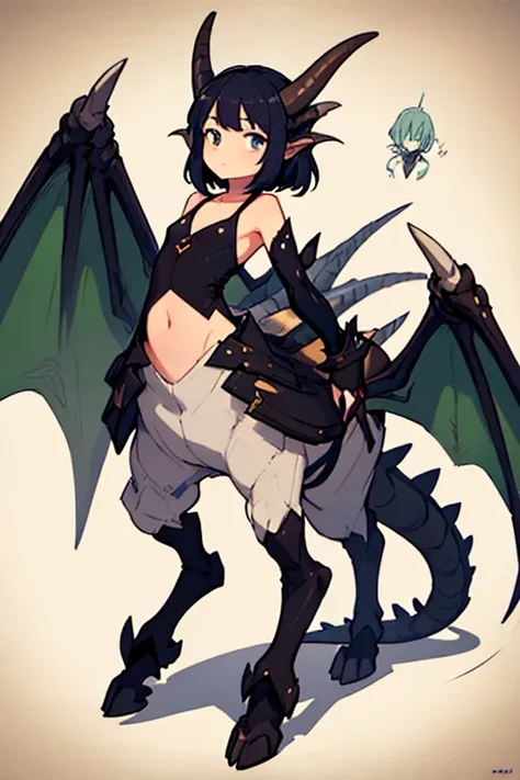 A woman with a white dragon lower body、2 Men Arms、Four dragon legs、long nails、、quadrupedal walking、delicate、delicate face、dragon horn、flat chest、exposure of the abdomen、calm expression、Super high quality