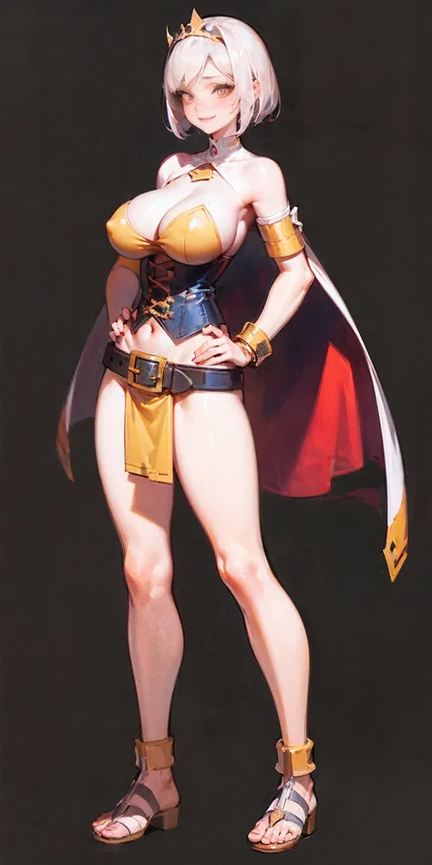 ((BLACK BACKGROUND,1:2, masterpiece)), full body MILF BIMBO standing with two long thighs and two metal sandals, red eyes, silver white hair, short bob style hair, big breasts, cleavage, separate sleeves, tiara royal, long cape up to two feet, yellow bikin...