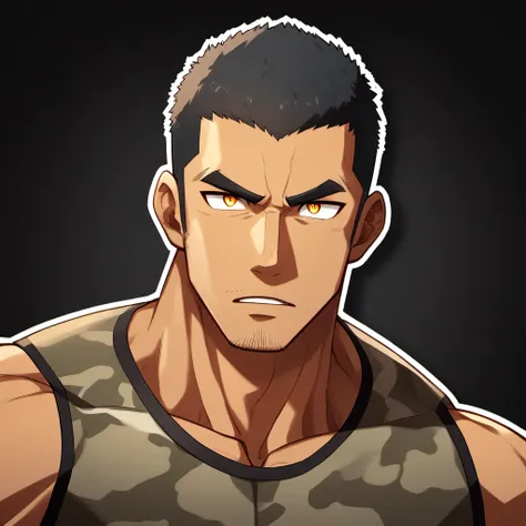 anime characters：gyee, fitness coach, chocolate skin, 1 muscular tough guy, manliness, male focus, camouflage sleeveless t-shirt...