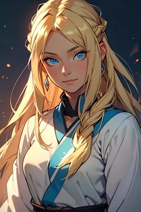 ((best quality)), ((masterpiece)), ((detailed)) woman, long blonde hair, bright blue eyes, soft smile, kind, pretty, avatar the last airbender