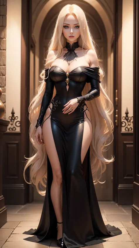 platinum blond hair with orange tint. Create a mesmerizing masterpiece of the highest quality, featuring a captivating solo female Dhampir character with porcelain skin and an intense gaze. The artwork should be rendered in photorealistic detail, with a ra...