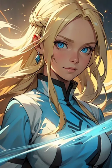 ((best quality)), ((masterpiece)), ((detailed)) woman, long blonde hair, bright blue eyes, soft smile, kind, pretty, avatar the last airbender, waterbender