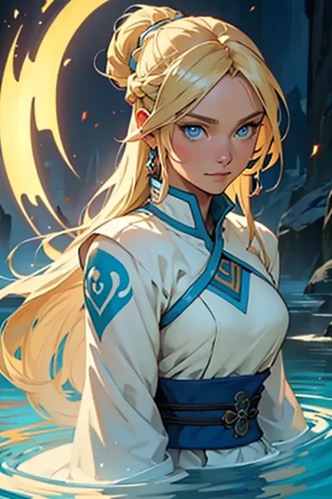 ((best quality)), ((masterpiece)), ((detailed)) woman, long blonde hair, bright blue eyes, soft smile, kind, pretty, avatar the last airbender, waterbender