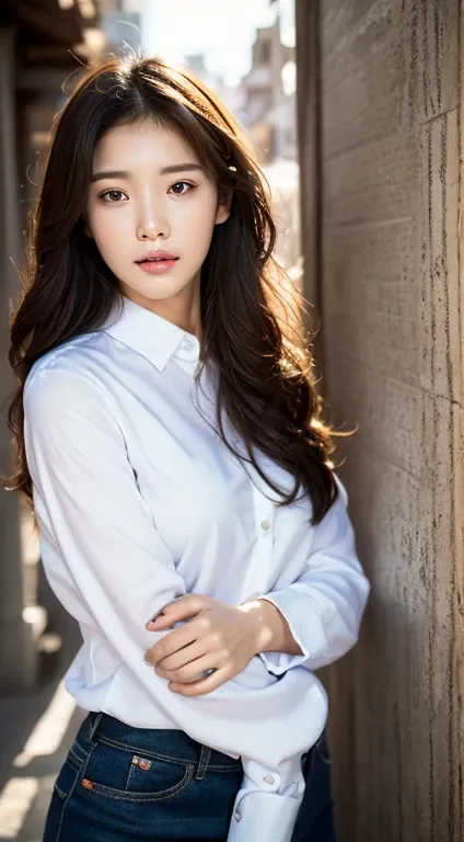 a close up of a woman leaning against a wall with a hand on her hip, lee ji - eun, lee ji-eun, heonhwa choe, park ji-min, female actress from korea, jaeyeon nam, shin min jeong, korean artist, beautiful young korean woman, hwang se - on, cute korean actres...