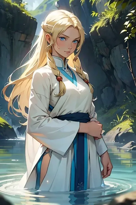 ((best quality)), ((masterpiece)), ((detailed)) woman, long blonde hair, bright blue eyes, soft smile, kind, pretty, avatar the last airbender, standing in water