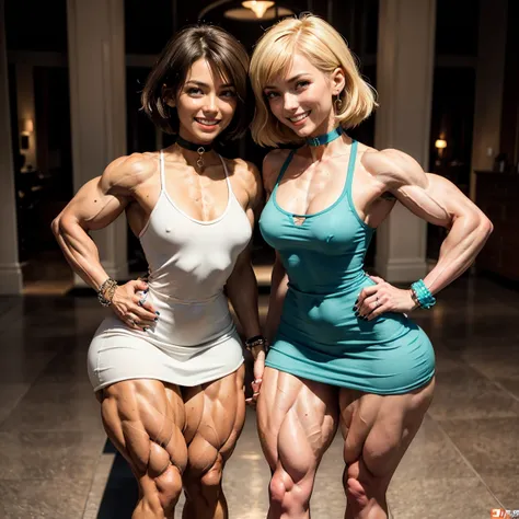 (Muscular:2.6), (thick thighs:2.7), (two females standing touching each other and smiling for the camera:2.3), adult, (blonde hair, blunt bangs, red hair, short hair, long hair), (asian, latina, ginger), (glasses), (earrings, eyeshadow, lipstick), (upper b...