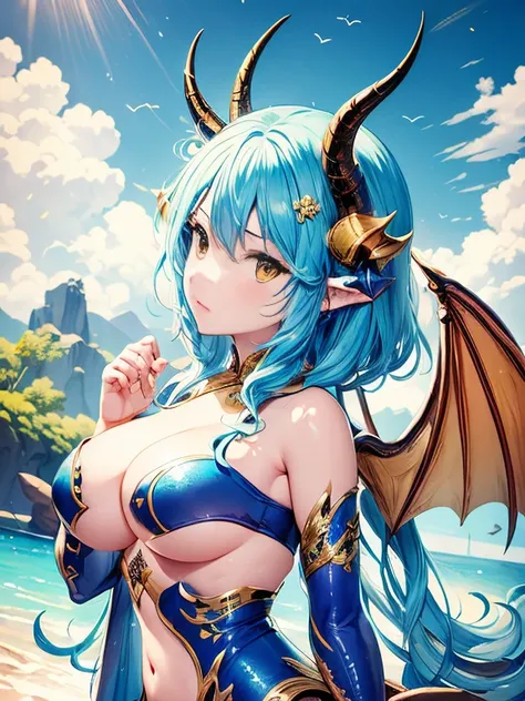 dragon among dragons，There are dragon horns on the head，blue hair，long legs，Wings on the back，peerless appearance，There are scales all over the body，Grapefruit，Scales wrap the body，huge ，exposed生殖器，exposed阴穴，exposed