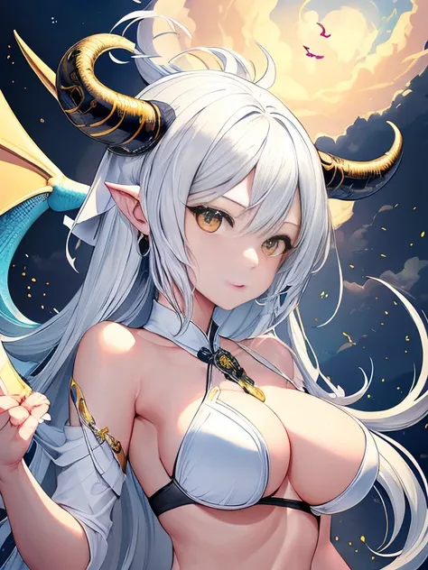 Close-up of a white-haired woman，She has a stunning face，White-haired God，huge ，epic beautiful characters，Amazing goddess，long legs，Grapefruit控，nipple，whole body，There are horns on the head，鳞片布满whole body，Wings on the back，Dragon Queen，dragon girl，no cloth...