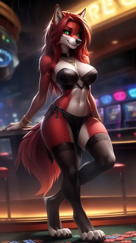 uploaded on e621, (by Wildering, by Koul, by fluff-kevlar, by aycee), solo, female wolf, wolf ears, neck tuft, hip tuft, leg tuft, wolf tail, ((black sclera, green eyes)), (sexy card dealer outfit), ((full-body portrait)), (masterpiece), (best quality), (a...