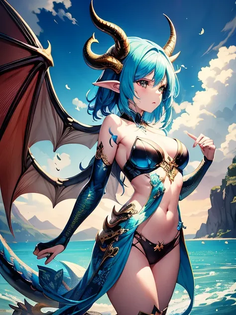 dragon among dragons，There are dragon horns on the head，blue hair，long legs，Wings on the back，peerless appearance，There are scales all over the body，Grapefruit，Scales wrap the body，huge ，exposed生殖器，exposed阴穴，exposed