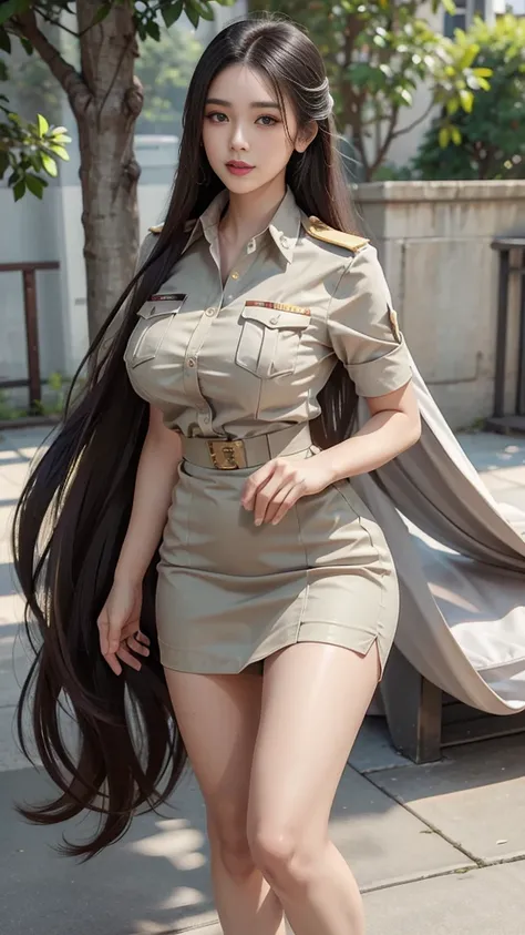 khaki suit, khaki civil servant, thai teacher uniform:1.3, beautiful girl with extra long hair, two meter long hair, long hair t...