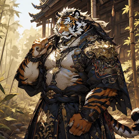 白色皮肤tiger),(黑白阴阳general战袍),holding a long sword,坚strong姿态,stand calmly,(the background is a dark deep forest covered with bamboo...