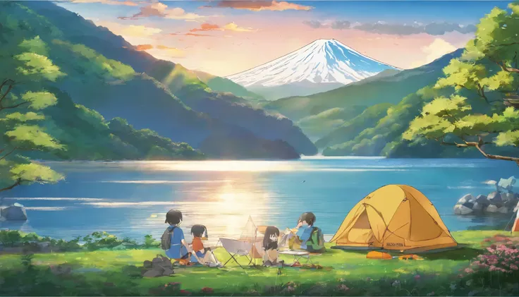 (Masterpiece, highest quality), fine detail, 8K, art station, wallpaper, official art, splash art, sharp fixed focus, medium shot. Author: afro, scene from YuruCan△, scenery from YuruCan△, man and woman in their 50s, only 2 people, camping at Lake Motosu w...