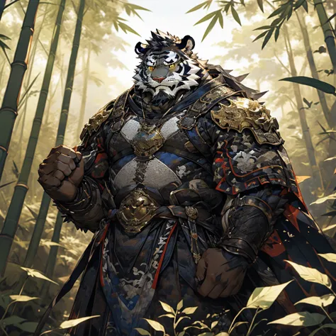 白色皮肤tiger),(黑白阴阳general战袍),holding a long sword,坚strong姿态,stand calmly,(the background is a dark deep forest covered with bamboo...