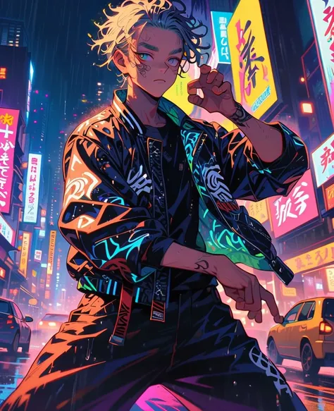 "Generate a dynamic image of Mikey from Tokyo Revengers in a powerful stance, with his signature jacket, standing in front of a Tokyo cityscape at night, with neon lights reflecting off the rain-soaked streets."