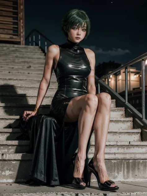 maki zenin cosplay, maki zenin, sitting on stairs, short green hair, scarred body, medium breast, ultra detailed, a metropolitan...