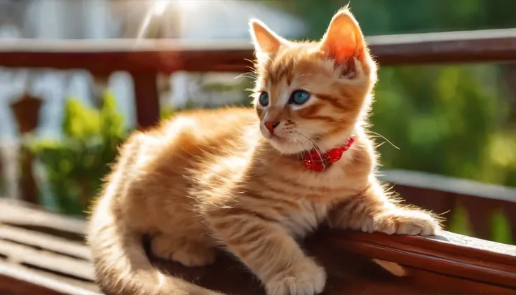 Kitten basking in the sun on the balcony，Reasonable structure，Childlike style，comic style